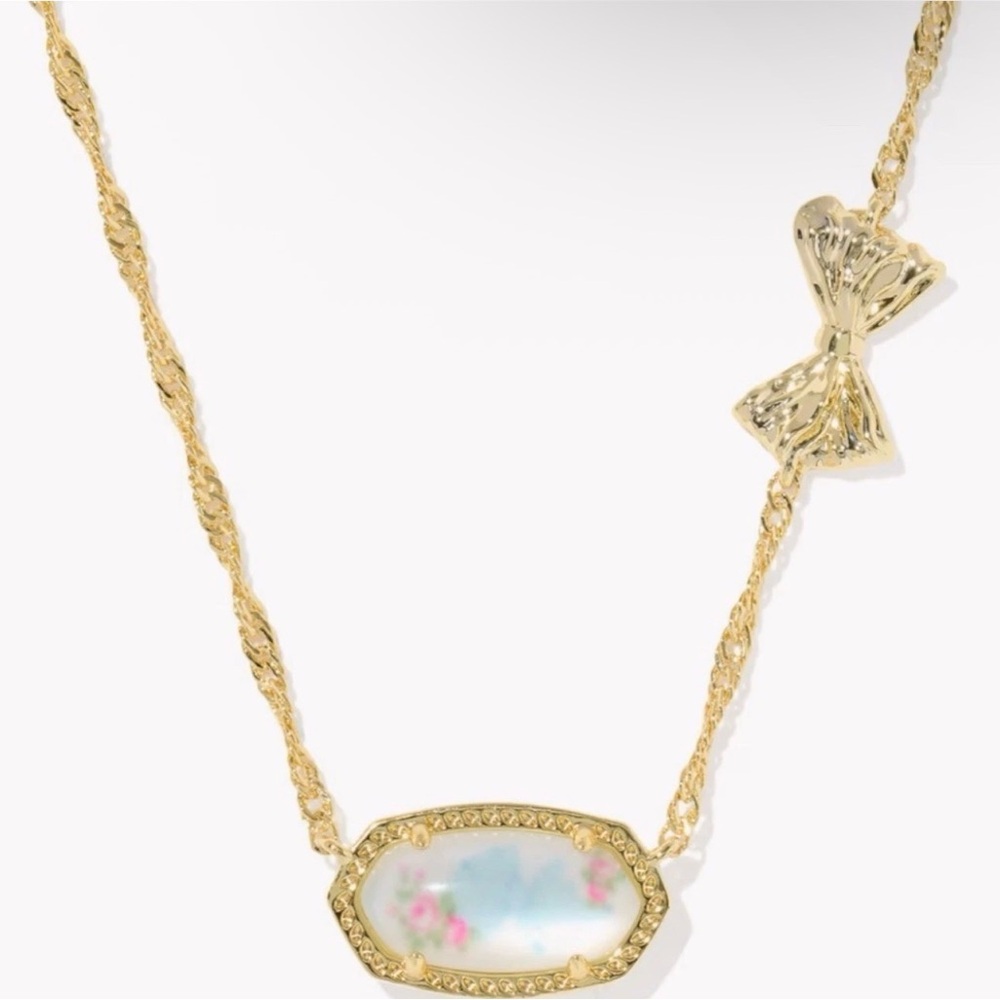 Kendra Scott x LoveShackFancy Gold Bow Elisa Necklace Pastel Blue Rosa Beux